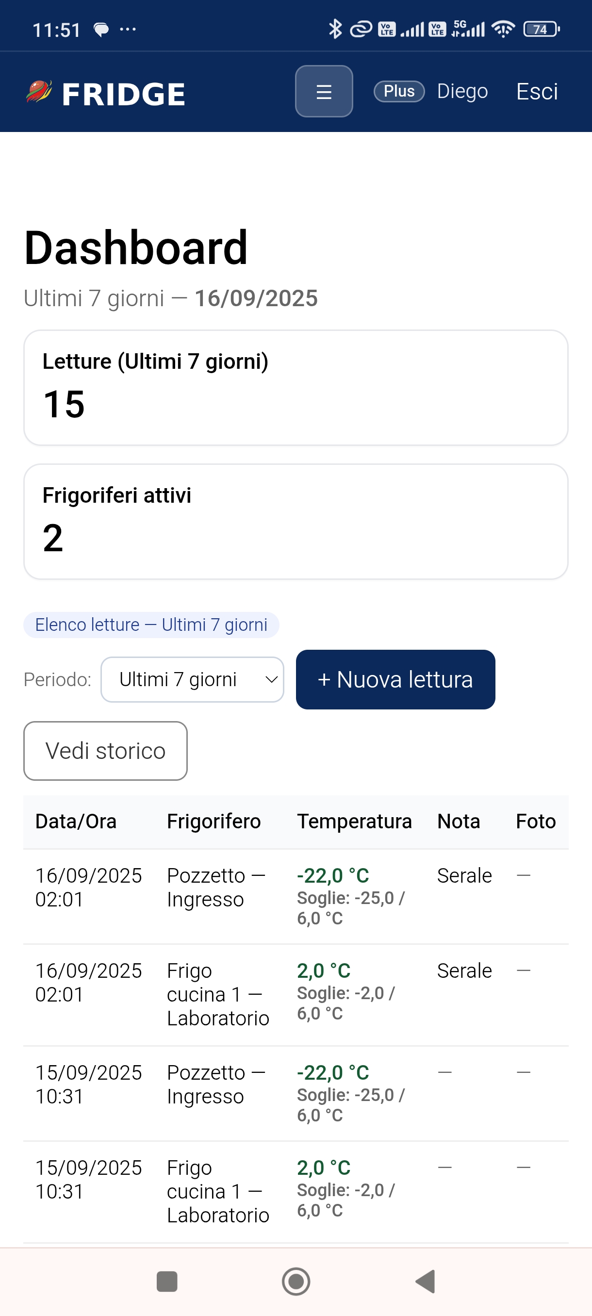 Screenshot mobile registrazione temperatura